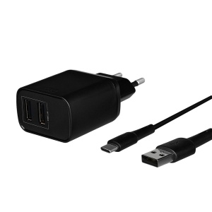 Сетевое зарядное устройство с кабелем TFN WCRPD12W2U03 (2 USB+кабель USB Type-C/2.4A/12W/Smart IC) черное сзу tfn 2usb rapid кабель microusb 2 4а black