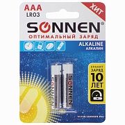 Батарейки BL2 SONNEN Alkaline AAA (LR03, 24А), алкалиновые, мизинчиковые, блистер, 451087 BL2 (цена за 2 шт.)