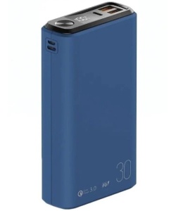 Портативная батарея OLMIO QS-30 (18W PD/ Quick Charge) 30000мАч, синяя, soft-touch азу 20w type c usb powerdelivery quickcharge черное olmio 43801