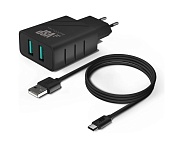 Сетевое зарядное устройство Borasco, (2*USB/2,4A + кабель Type-C, 1м), Черное