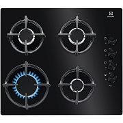 Поверхность газовая Electrolux EGG6407K (Чёрное. стекло / чугун. решетки / 4 конфорки (1,9/1,0/1,9/3,0 кВт) / газконтроль / электроподжиг)