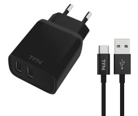 Сетевое зарядное устройство TFN WCRPD12W2U01 (2 USB/2,4A/черное) с кабелем MicroUSB Чёрный