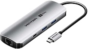 Мультифункциональный хаб 9-в-1 Vention (TQMHB) (USB 3.1 M / OTG USB 3.0 F x 2 / HDMI 19F / RJ45 F / USB-C 3.2 Gen1 F / USB-C PD / TF F / SD F) серый