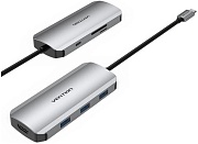 Мультифункциональный хаб 7-в-1 Vention (TOJHB) (USB 3.1 M / OTG USB 3.0 F x 3 / HDMI 19F / USB Type C F / TF F / SD F /) серый