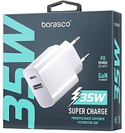 Сетевое зарядное устройство Borasco Super Charge, (USB/Type-C/35W/PD/QC), Белое