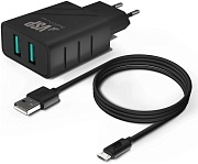 Сетевое зарядное устройство Borasco, (2*USB/2,4A + кабель micro-USB, 1м), Черное