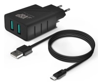 Сетевое зарядное устройство Borasco 2USB, 2,4A + Дата-кабель micro USB, 2А, 1м, черное (37263)