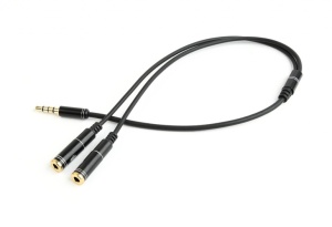 Переходник 3.5 mm jack (4-pin) - 3.5 mm jack (x2) GEMBIRD (CCA-417M), вилка-розетка, длина - 0.2 метра кабель удлинитель cablecreation со штекером 3 5 мм и разъемом папа мама и микрофоном стерео аудио адаптер для наушников xiaomi redmi 5plus пк