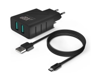 Сетевое зарядное устройство Borasco 2USB, 2,4A + Дата-кабель Type-C, 2А, 1м, черное