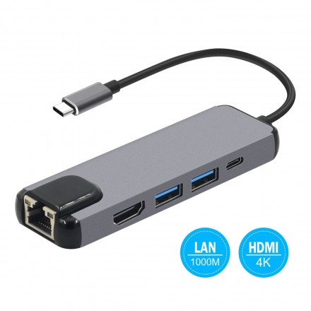Док-станция/Сетевой адаптер USB KS-is KS-561 с хабом USB-Type C 5в1 (RJ45 10/100/1000 Мбит/сек, USB C, 4K HDMI, USB 3.0x2)