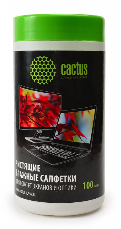 Чистящие салфетки в пластиковой тубе Cactus 100шт для  экранов и оптики  (CS-T1001)