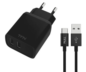 Сетевое зарядное устройство TFN WCRPD12W2U01 (2 USB/2,4A/черное) с кабелем MicroUSB