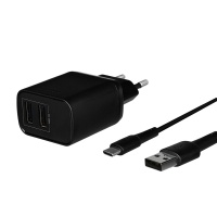 Сетевое зарядное устройство TFN WCRPD12W2U03 + кабель Type-C (2 USB+кабель USB Type-C/2.4A/12W/Smart IC) черное