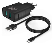 Сетевое зарядное устройство Borasco, (2*USB/2,4A + кабель micro-USB, 1м), Черное