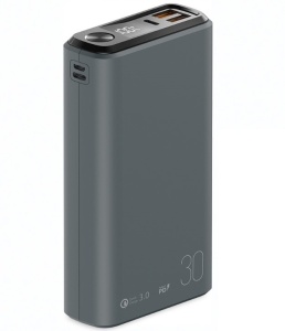 Портативная батарея OLMIO QS-30 (18W PD/ Quick Charge) 30000мАч, серая, soft-touch азу 20w type c usb powerdelivery quickcharge черное olmio 43801