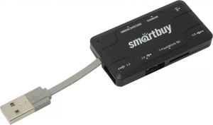 Картридер + USB HUB Smartbuy 750, 3xUSB 2.0 - SD/microSD/MS, черный картридер smartbuy sbr 713 w белый