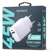 Сетевое зарядное устройство Borasco Super Charge, (USB/Type-C/45W/GAN/PD/QC), Белое
