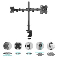 Крепление для двух мониторов ONKRON D221E чёрный, для 13"-32", наклон 45°, поворот 180°, нагрузка до 16 кг, расстояние до стола 0-381 мм