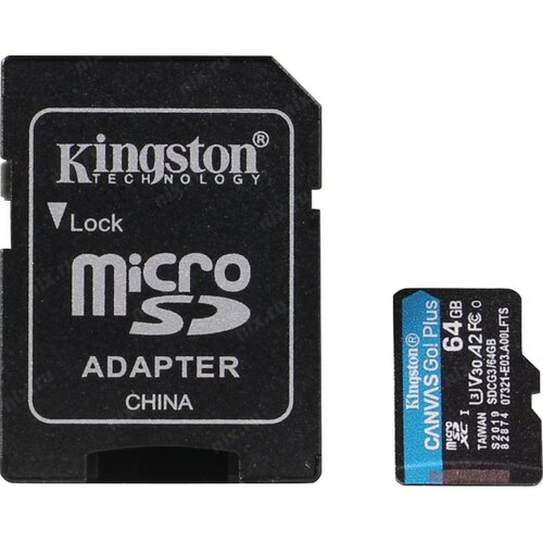 Память micro Secure Digital Card  64Gb  class10 Kingston Canvas Go! Plus  с адаптером SD Video Class 30, UHS Class 3, 70/170 Мбайт/сек, [SDCG3/64GB]