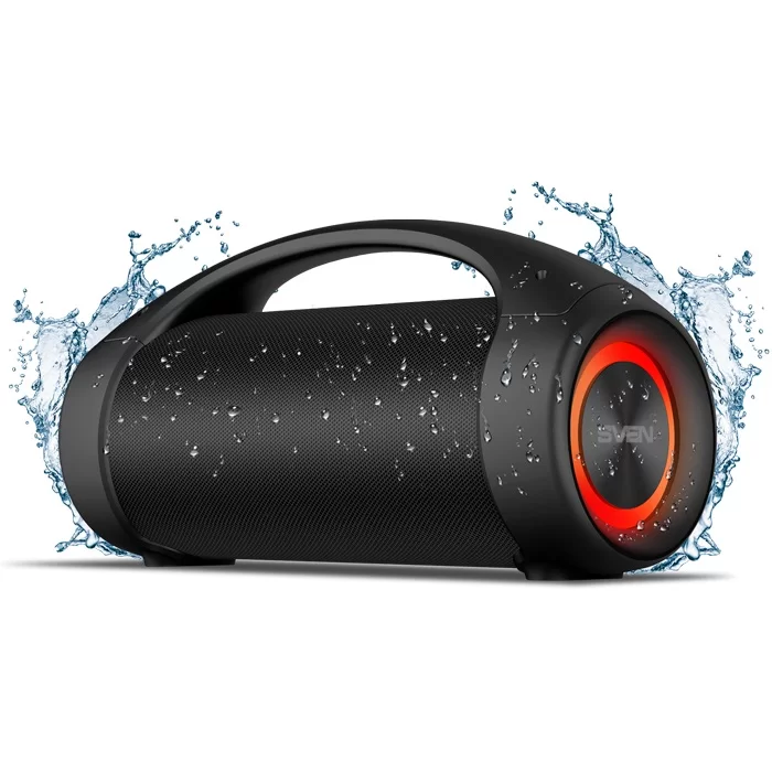 Беспроводная портативная колонка SVEN PS-370 / 40W / TWS / microSD / USB / FM / Bluetooth / IPx5 / Батарея 2*3600mAh / Подсветка / Чёрный / пластик-0