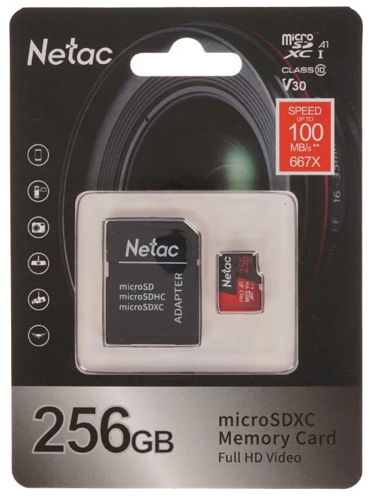 Память micro Secure Digital Card 256Gb class10 V30 UHS I U3 Netac / c адаптером SD /NT02P500PRO-256G-R/-0