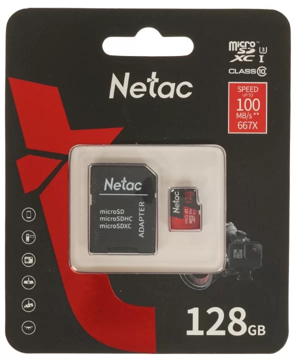 Память micro Secure Digital Card 128Gb class10 V30 UHS I U3 Netac / c адаптером SD /NT02P500PRO-128G-R/-0