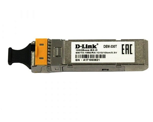 Модуль D-LINK DEM-330T/3KM WDM SFP-трансивер с 1 портом 1000Base-BX-D (Tx:1550 нм, Rx:1310 нм) для одномодового оптического кабеля (до 3/10 км)