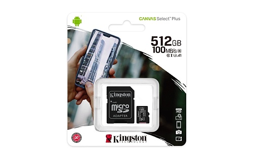Память micro Secure Digital Card 512Gb class10 Kingston Canvas Select Plus 100R CL10 UHS-I Card + SD Adapter [SDCS2/512GB]