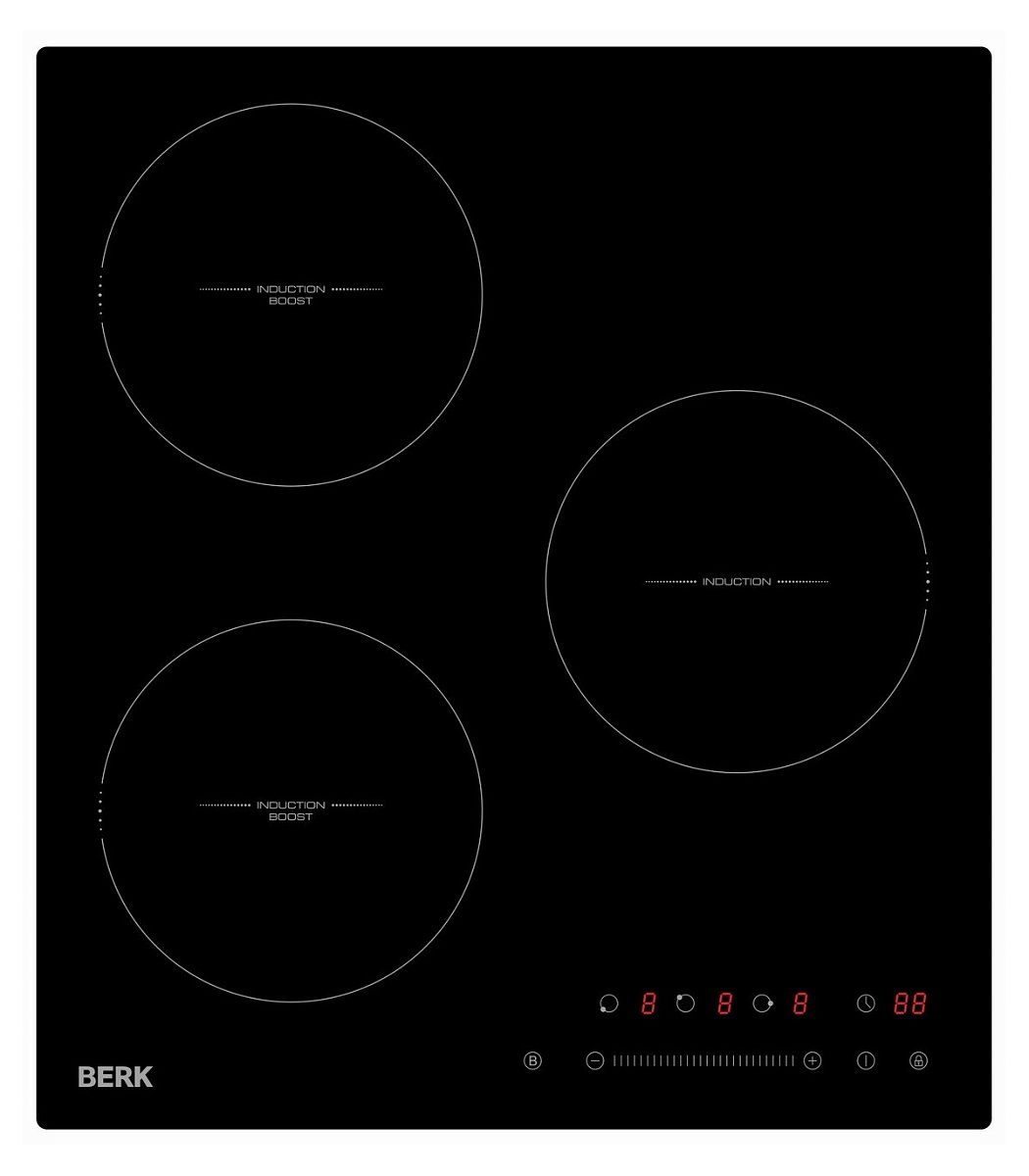 Поверхность индукционная Berk BHI-430T/YK (Черная / стеклокерамика / 3 конфорки / Ширина - 45 см / Таймер / 5,5 кВт)